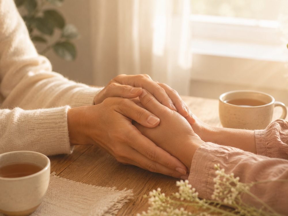 Two pairs of hands holding by a cup of tea